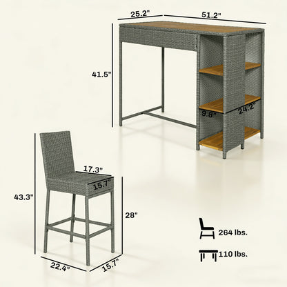 5 Piece Wicker Outdoor Bar Set, Acacia Wood Outdoor High Top Table and Chairs with 3 Tier Shelves, Cushions, Gray