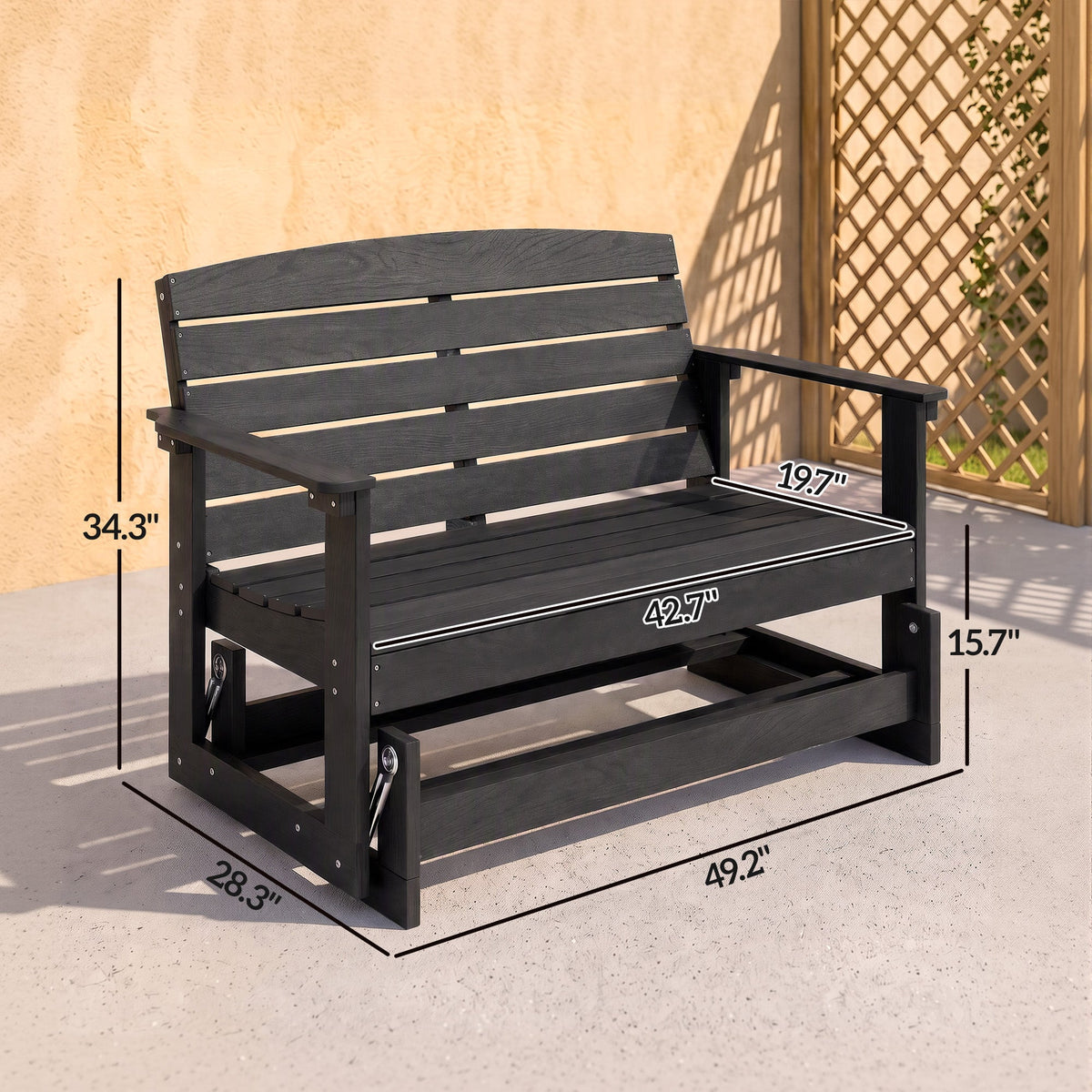Patio Glider Bench w/ HDPE Slatted Double Rocking Chair, Distressed Black