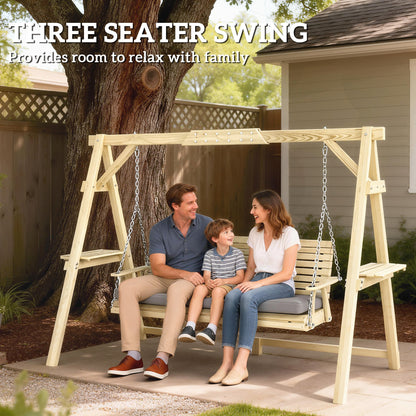 3 Seat Wooden Porch Swing with Stand, Patio Swing with Cushion, for Garden, Poolside, Backyard, Natural Wood