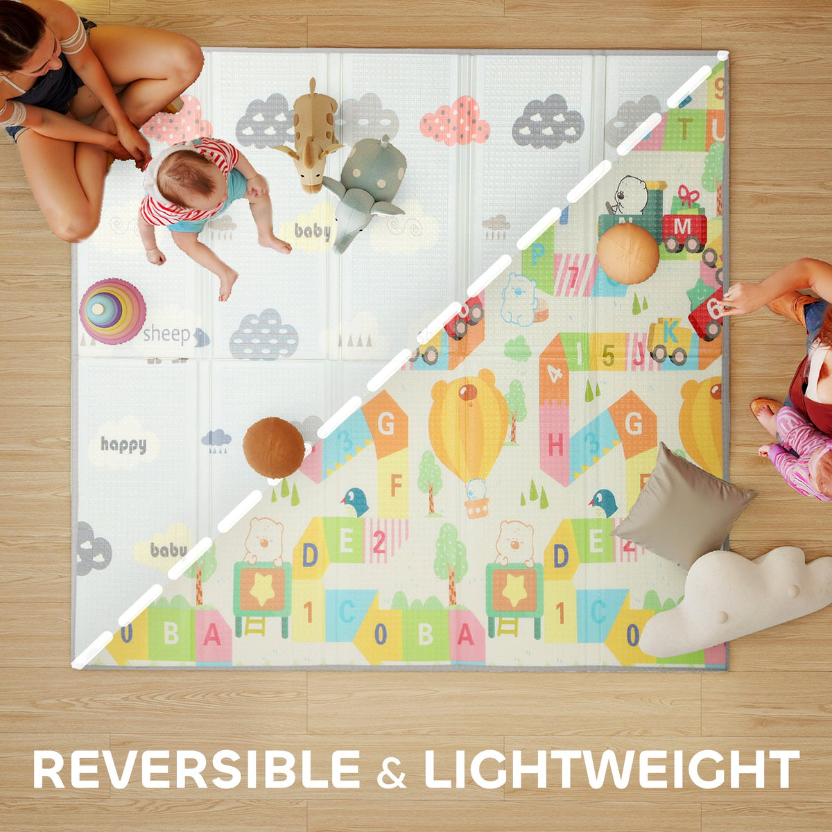 Foldable & Reversible Baby Play Mat, 79" x 71" Foam Floor Mat, Non-Slip Waterproof Crawling, Alphabet & Cloud Design