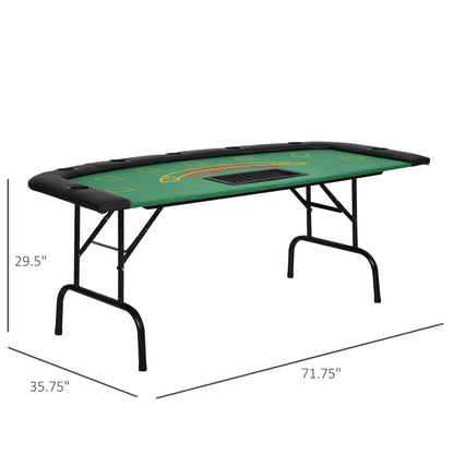 Poker Table Foldable, 72" Blackjack Table for 7 Players with Chip & Cup Holder, Green Felt