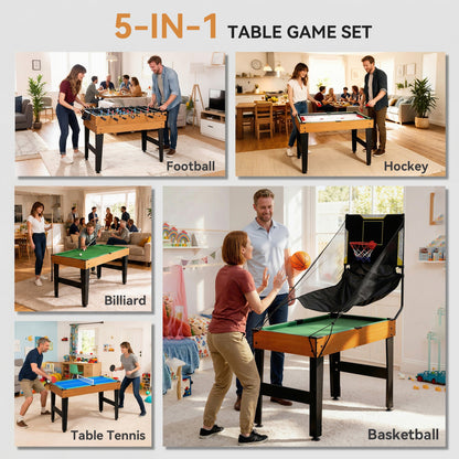 5-in-1 Multi Game Table, 53" Combo Table with Foosball, Pool, Ping Pong, Ice Hockey & Basketball, Game Room Sports Set
