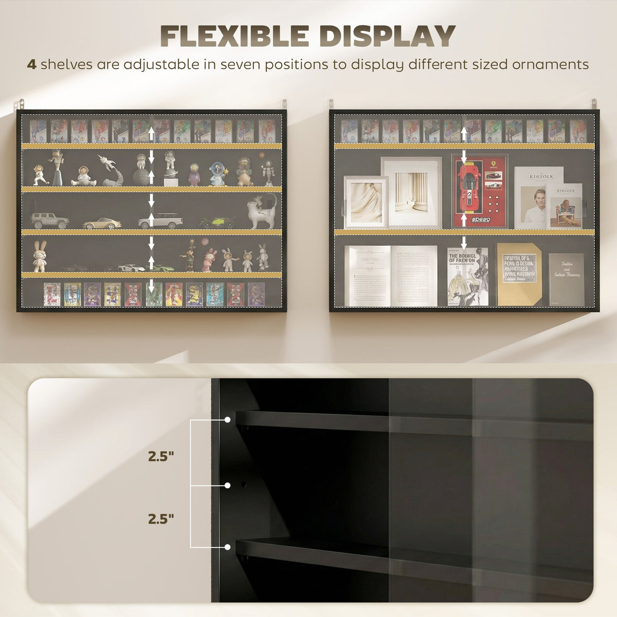 5-Tier Display Cabinet, Wall-Mounted Display Case with 2 Glass Doors and Adjustable Shelves, Jet Black