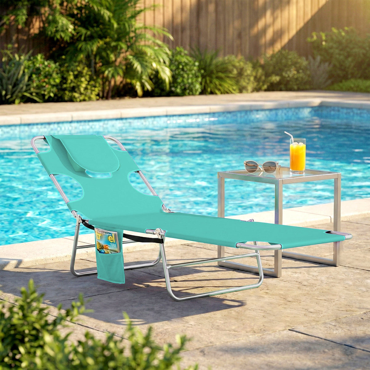 Tanning Chair with Face Hole, 5-Level Adjustable Outdoor Chaise Lounge Chair with Pillow for Beach, Pool, Light Green