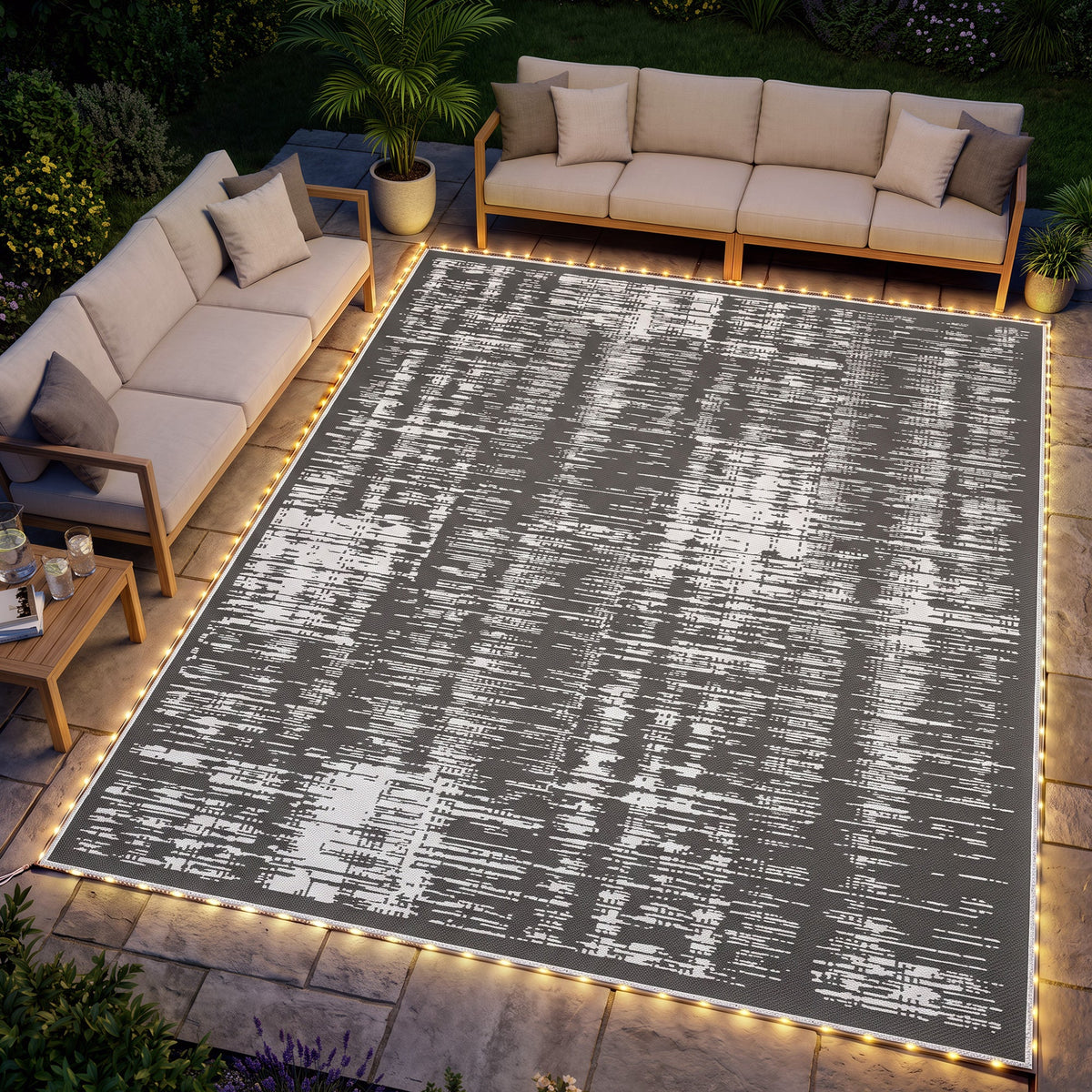 Reversible Outdoor Rug Carpet with LED Lights, Carry Bag & Ground Stakes for Backyard, Deck, Picnic, Beach, 12' x 9'