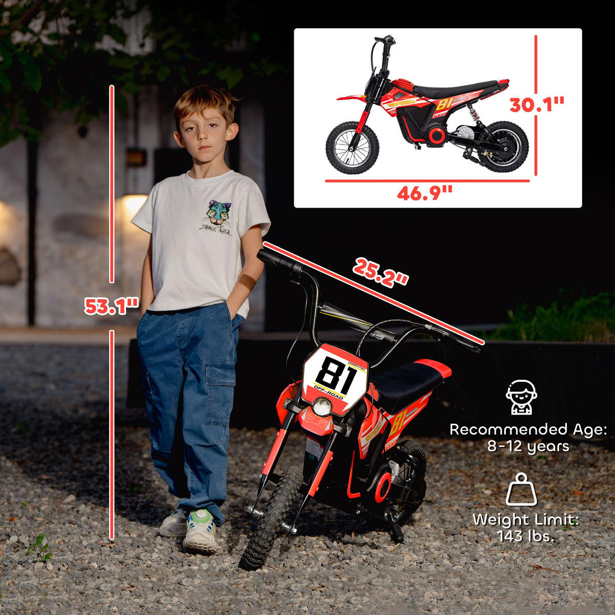 24V Kids Motorcycle, Electric Dirt Bike with 250W Motor, Up to 9.9 MPH, 12" Inflatable Tires and Rear Suspension, Red