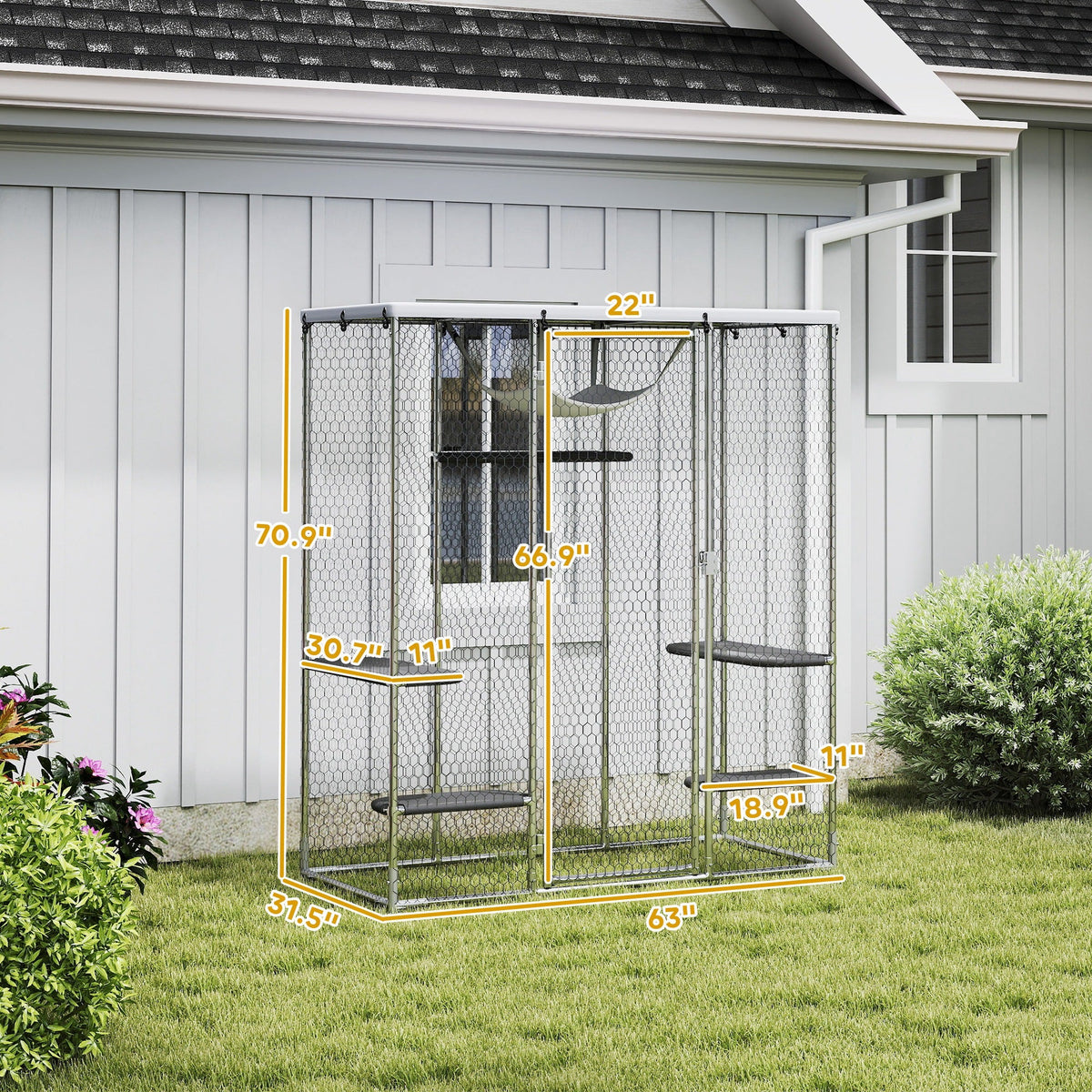 Catio Outdoor Cat Enclosure, Galvanized Steel Walk-in Cat Cage with Waterproof Cover, 5 Adjustable Platforms, Hammock