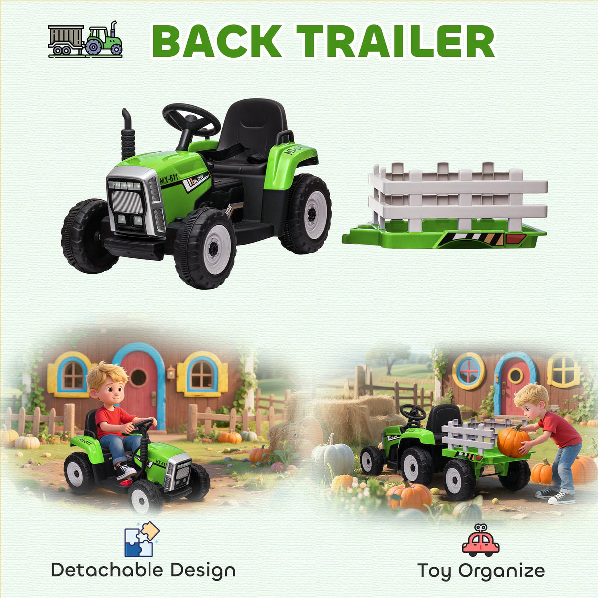 12V Ride on Tractor with Trailer, 25W Dual Motors, Battery Powered Electric Tractor with Remote Control, Green