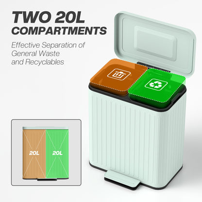 Trash Can with Lid, 2 x 5.3Gal Double Step-On Kitchen Trash Can with Rubbish Bags, Removable Buckets, Light Green