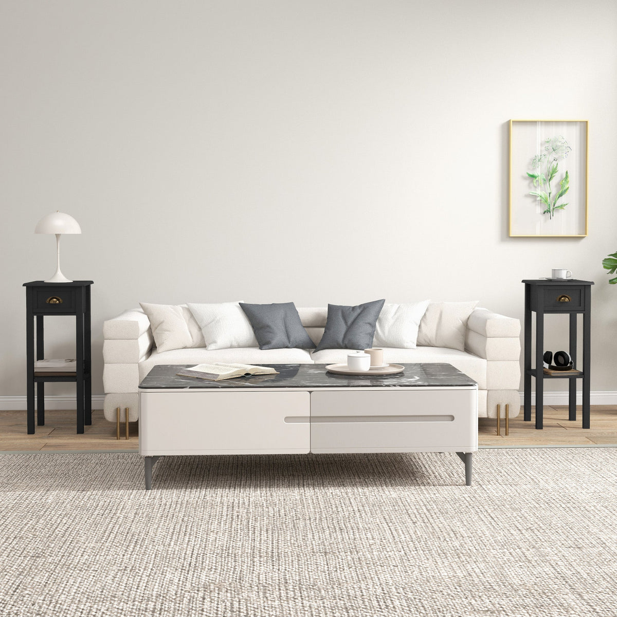 2-Tier Side Tables Set of 2 with Drawer and Shelf, 2 Pieces End Tables for Living Room and Hallway, Black