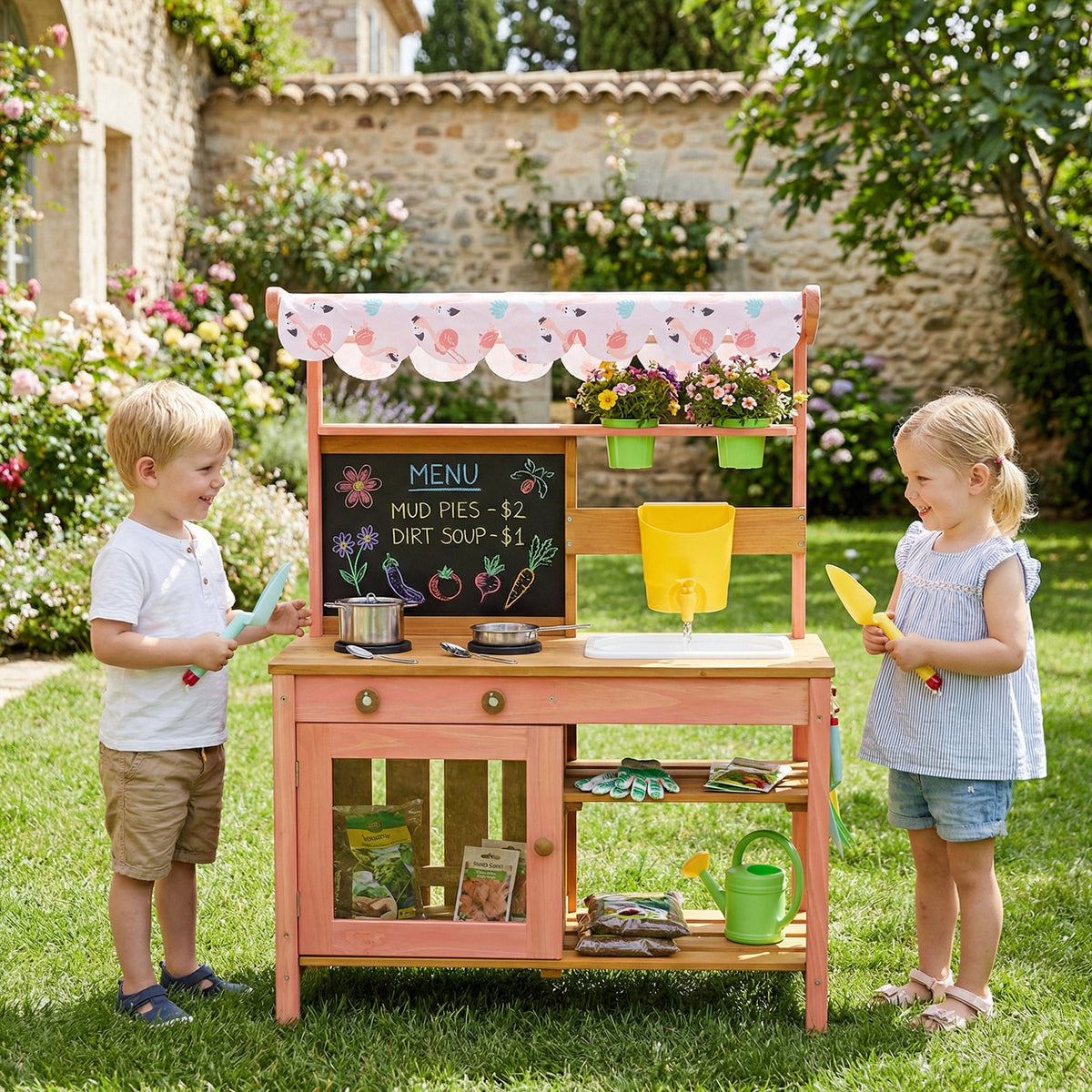Kids Mud Kitchen with Canopy, Outdoor Wooden Play Kitchen with Planter Box, Accessories for Age 3-6, Pink