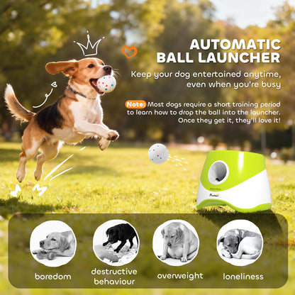 Automatic Dog Ball Launcher, Dog Ball Thrower with 5 2.3" ETPU Balls, 3 Distance Settings (20/33/46 ft) for Small Medium Pets, Green