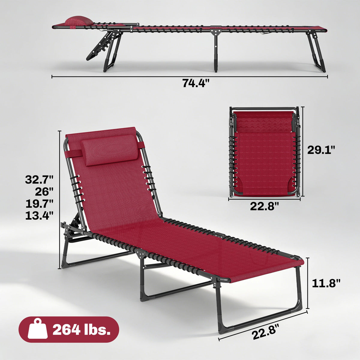 Folding Chaise Lounge Pool Chair with 4-Position Reclining Back, Pillow, Breathable Mesh & Bungee Seat,  Red