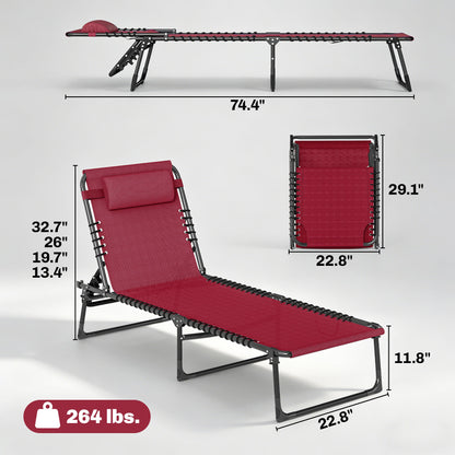 Folding Chaise Lounge Pool Chair with 4-Position Reclining Back, Pillow, Breathable Mesh & Bungee Seat,  Red