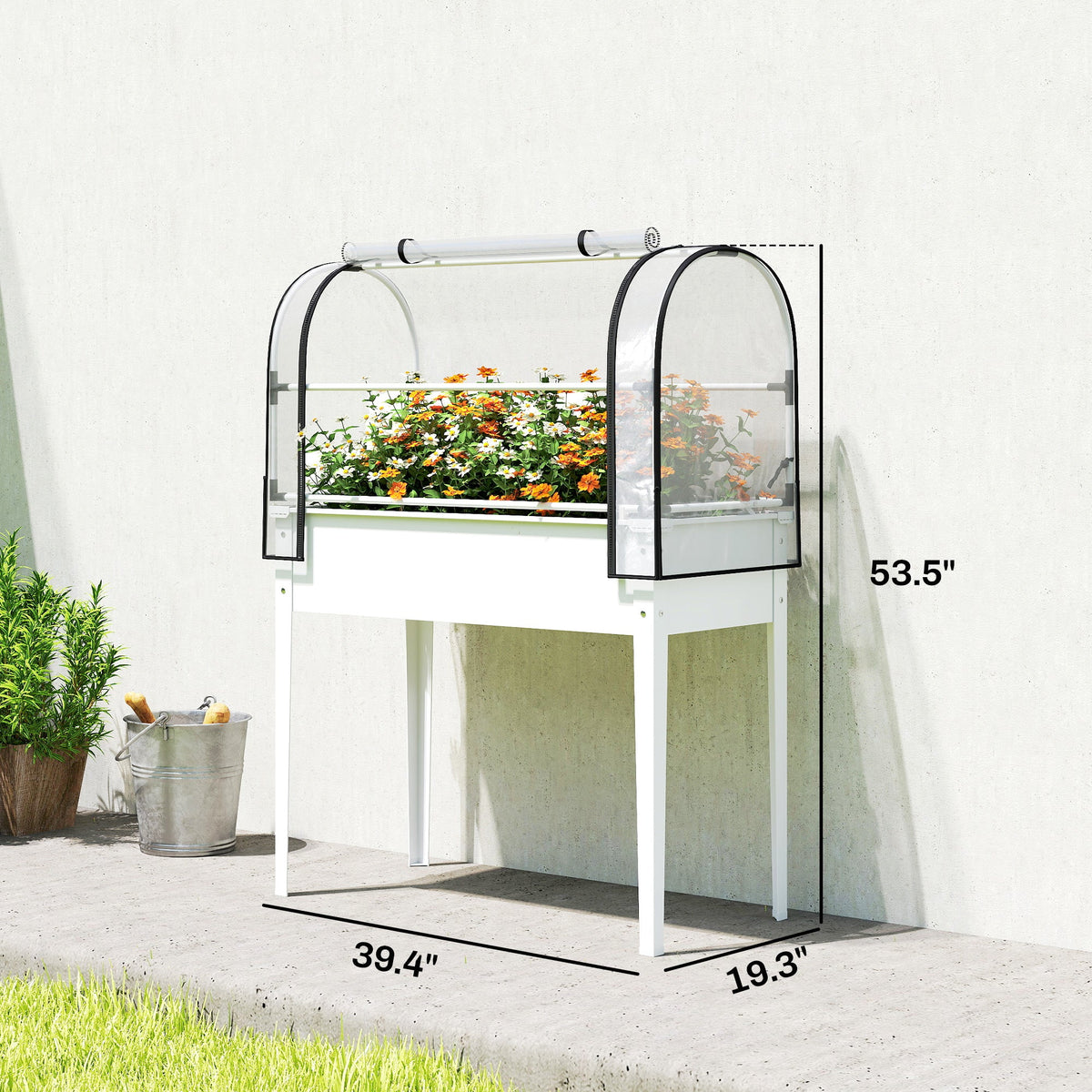 Raised Garden Bed with Flip-Up Greenhouse Cover, Metal Elevated Garden Bed with Legs and Drainage Hole, White