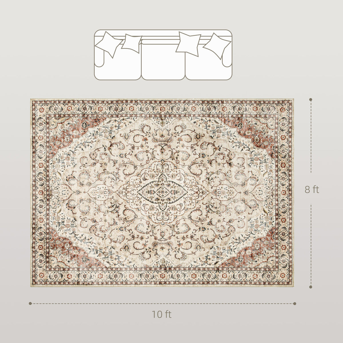 Area Rug 8x10, Machine Washable Rug, Non-Slip Classical Floral Print Floor Carpet for Living Room, Bedroom, Mixed-Brown