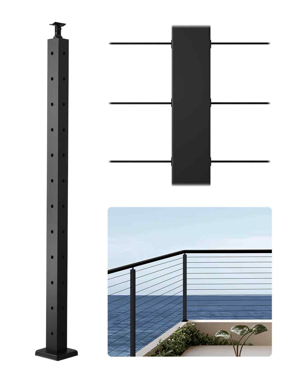 Cable Railing Post, 42x2x2 Inch Corner Railing Post, with L-Shaped Pre-Drilled Holes, Stainless Steel Cable Rail Post with Horizontal and Curved Bracket, 1-Pack, Black, 1JZLGZXHS1065S1EW001V0