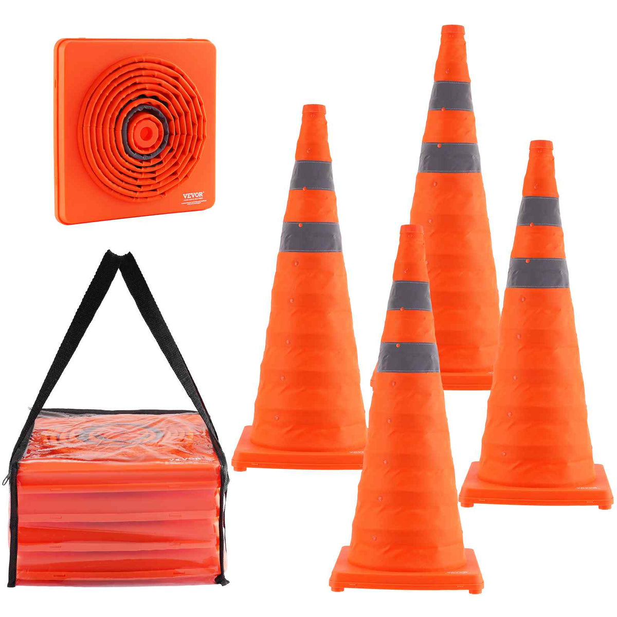 Safety Cones, 4 Pack 28 inch Collapsible Traffic Cones, Construction Cones with Reflective Collars, Wide Base and A Storage Bag, for Traffic Control, Driving Training, Parking Lots