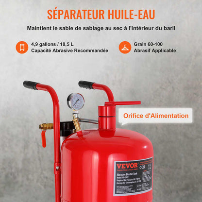 10Gal/40L Sandblaster Equipped with Nozzle Shut-Off Valve Pressure Gauge Ceramic Nozzle 2.5m Hose Filling Funnel Watertrap 6\" Rubber Wheels Grit Power Sand Blasters Portable Sandblasting Equipm