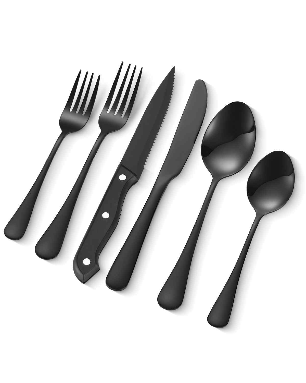 48-Piece Black Silverware Set with Steak Knives, Food-Grade Stainless Steel Flatware Utensils for 8, Mirror Finished Cutlery Set, Dishwasher Safe Eating Tableware for Kitchen Home, Service for 8