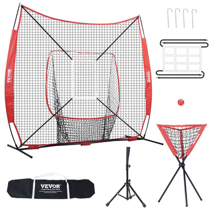 7x7 ft Baseball Softball Practice Net, Portable Baseball Training Net for Hitting Catching Pitching, Backstop Baseball Equipment with Bow Frame, Carry Bag, Strike Zone, Ball, Tee, Ball Collector