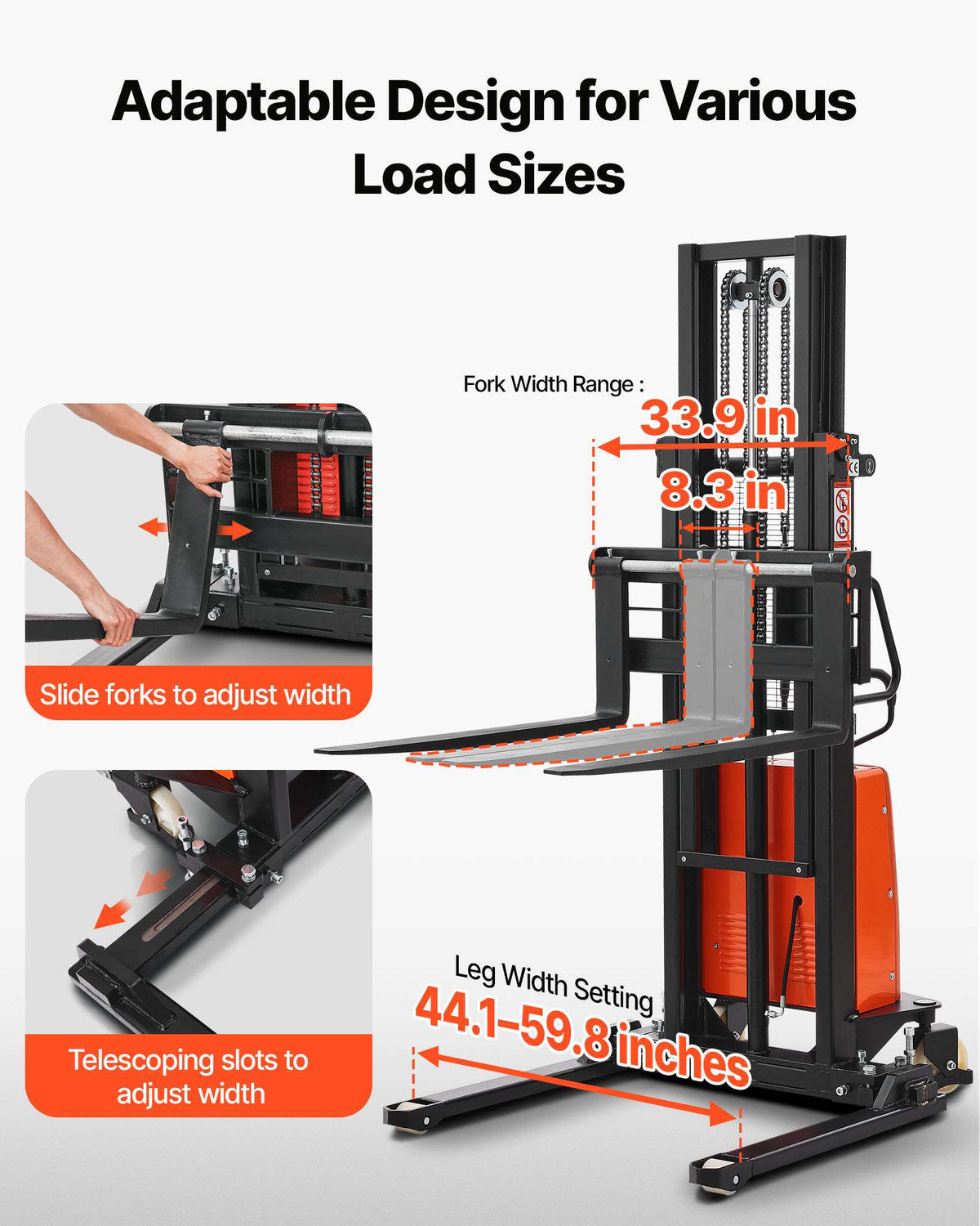 Semi Electric Pallet Stacker, 3300 lbs Load Capacity, Pallet Lift Stacker Forklift with Straddle Legs, 96.06 Inches Lifting Height & 8.3-33.86 Inches Adjustable Fork Width, Orange & Black