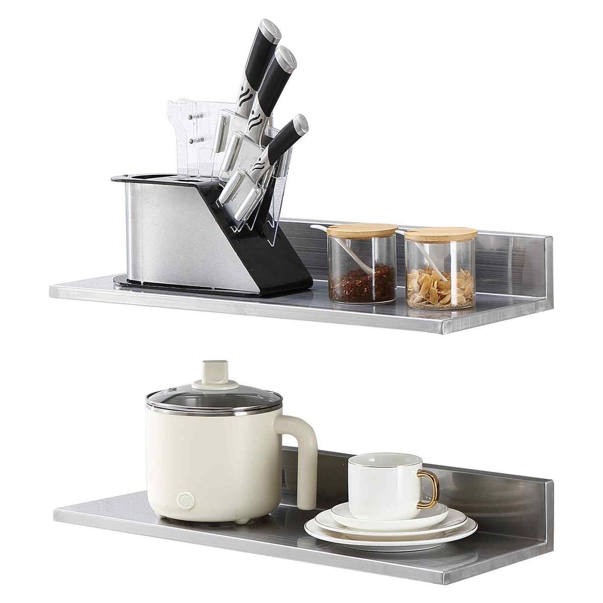 8.6" x 24" -2 Pack Stainless Steel Shelf, Wall Mounted Floating Shelving with Backsplash, 44 lbs Load Capacity Commercial Shelves, Heavy Duty Storage Rack for Restaurant, Kitchen, Bar, Home, and Hotel