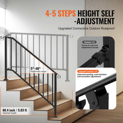 Handrails for Outdoor Steps, 5 Step Stair Hand Rail Kit, Transitional Carbon Steel Railings with Installation Kit, Stair Rails for Seniors, Concrete Steps & Porch & Deck, Black Retro Arch
