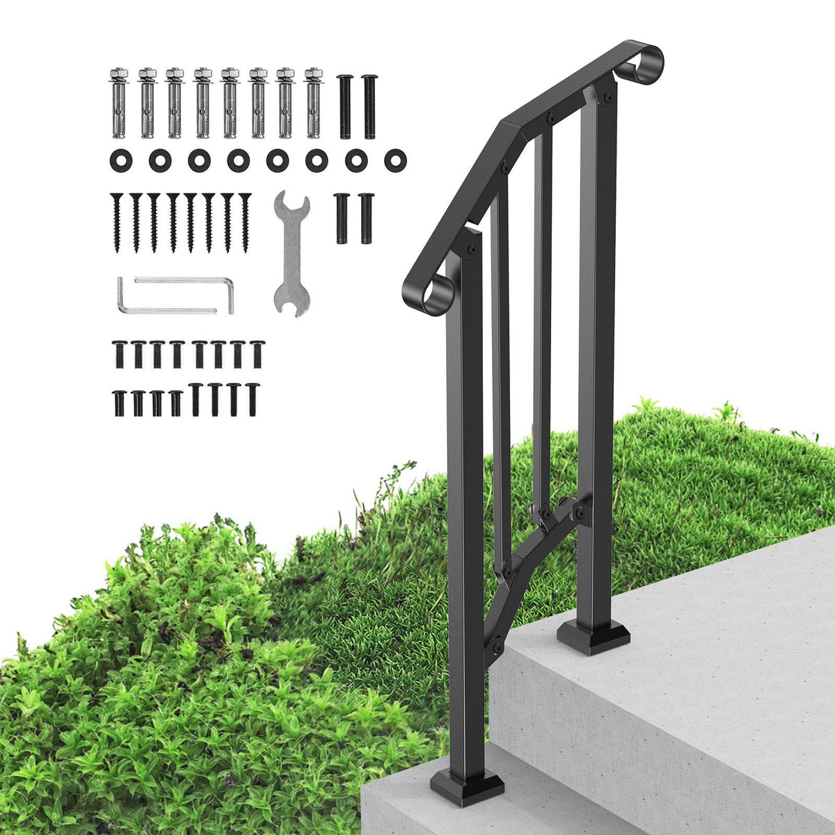 Handrails for Outdoor Steps, 1-2 Step Stair Hand Rail Kit, Transitional Carbon Steel Railings with Installation Kit, Stair Rails for Seniors, Concrete Steps & Porch & Deck, Black Retro Arch