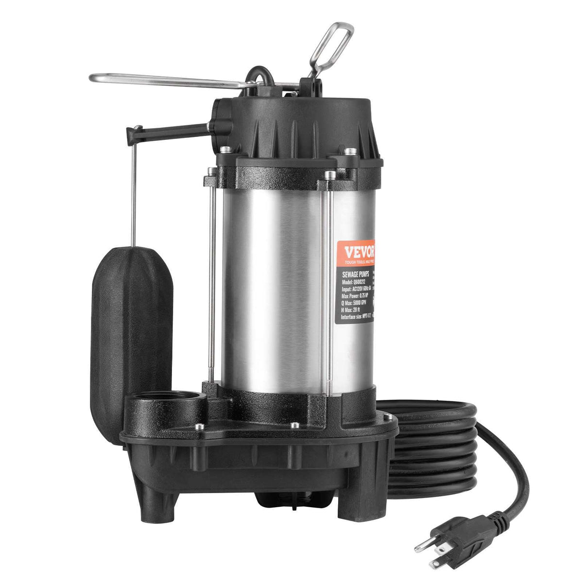 Submersible Sewage Pump, 0.75HP 5000 GPH, Cast Iron Sewage Water Pump with 28 ft Lift 10 ft Power Cord and Automatic Float Switch, Stainless Steel for Clean Flooded Basement Yard Farm Sewer