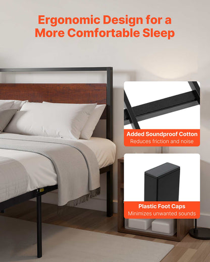 King Size Bed Frame, 14 Inch Black Metal Platform Bed Frame with Retro Brown Wooden Headboard and Footboard, Large Under-Bed Storage, Non-Slip Without Noise, No Box Spring Needed, Easy Assembly