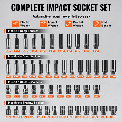 Drive Impact Socket Set 1/4"  - 55 Piece Deep & Shallow Socket Set SAE 5/32"-9/16" and Metric 4-15mm - 6 Point CR-V Alloy Steel for Auto Repair - Easy-to-Read Size Markings - Storage Case