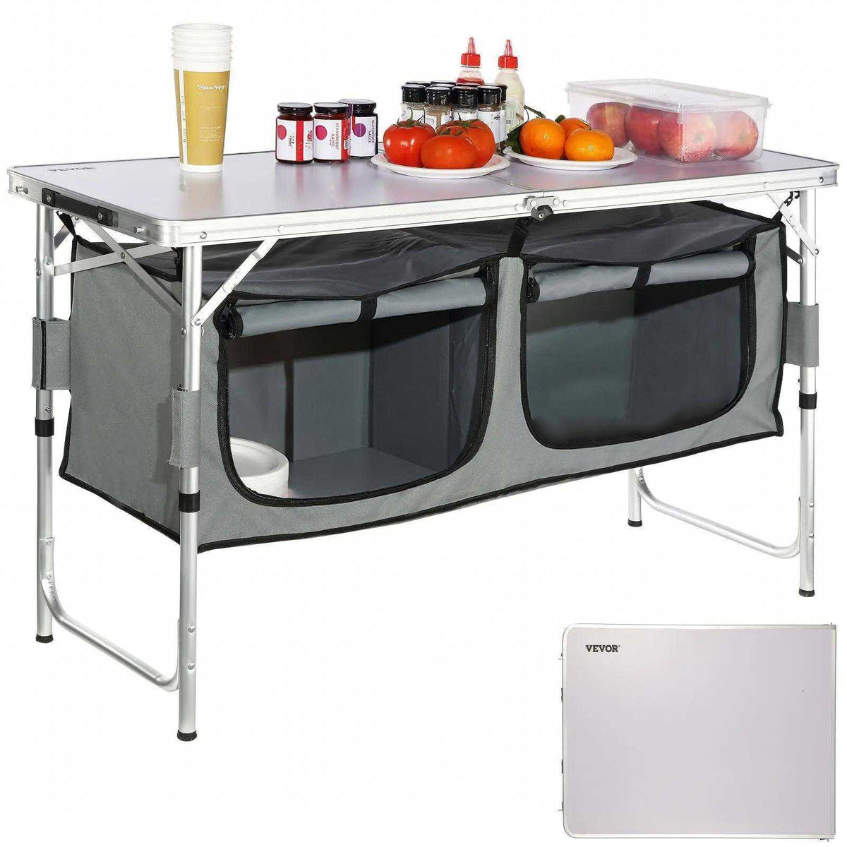 Camping Kitchen Table, Quick set-up Folding Camping Table with A Carrying Bag, 3 Adjustable Heights, MDF Camping Table, Ideal for Outdoor Picnics, BBQs, Camping, RV Traveling