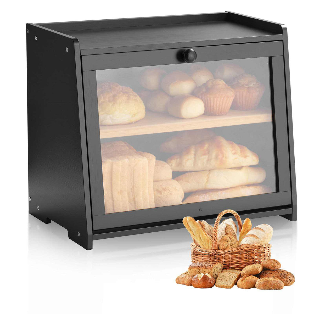 Double Layer Bread Box for Kitchen Counter, Large Capacity Bamboo Bread Storage Container, Farmhouse Wooden Breadbox for Homemade Bread, Storage Holder Bin with Acrylic Wavy Door Panel, Black
