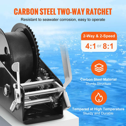 Hand Winch, 3500 lbs Pulling Capacity, Boat Trailer Winch Heavy Duty Rope Crank with 33 ft Polyester Strap and Two-Way Ratchet, Manual Operated Hand Crank Winch for Trailer, Boat or ATV Towing