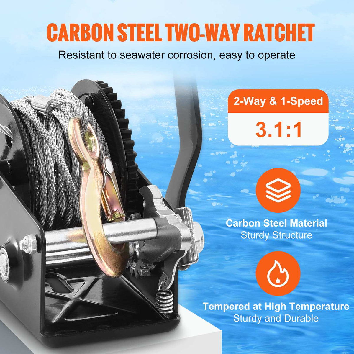 Hand Winch, 800 lbs Pulling Capacity, Boat Trailer Winch Heavy Duty Rope Crank with 33 ft Steel Wire Cable and Two-Way Ratchet, Manual Operated Hand Crank Winch for Trailer, Boat or ATV Towing