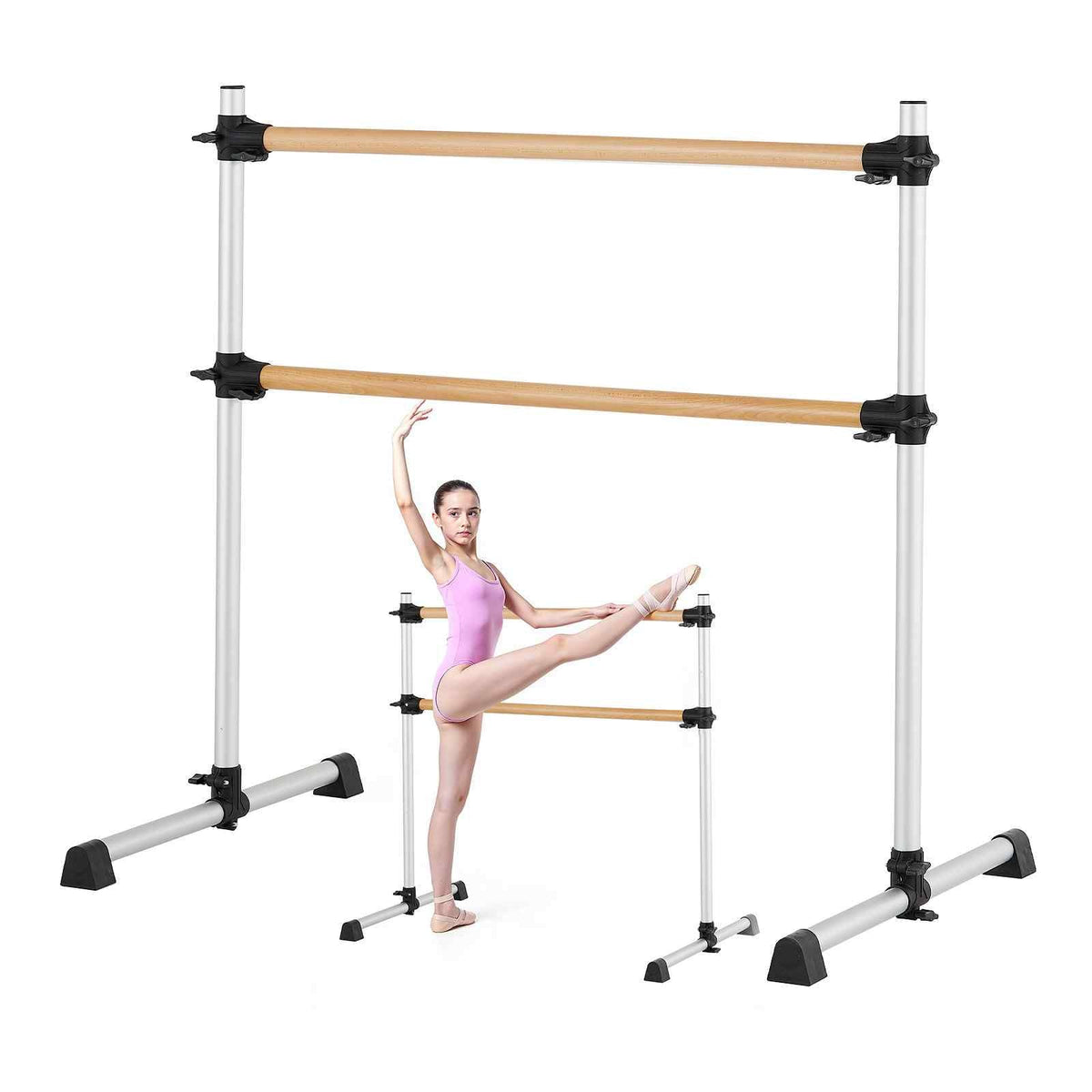 Ballet Barre, 4 Ft Double Beechwood Barre Bar for Home, Freestanding Portable Ballet Stretching Dance Bars, Height Adjustable Anti-Wobble Fitness Gym Equipment, for Pilates Balance Workout