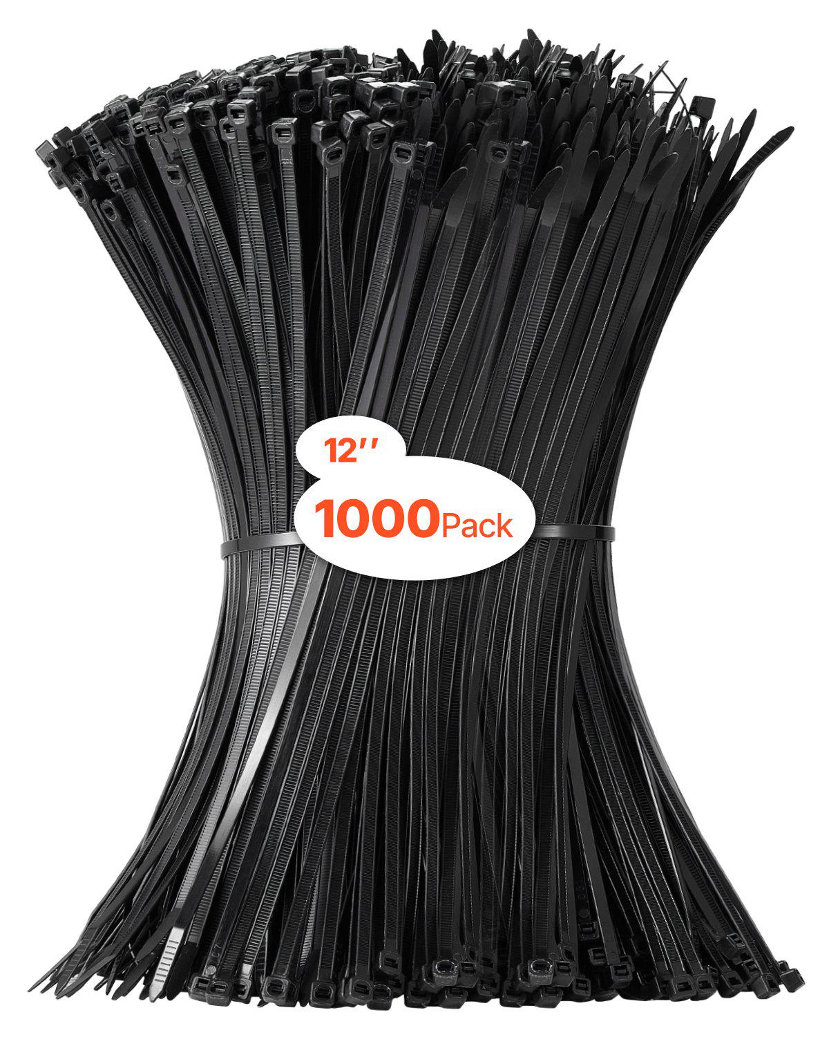 1000 Pack Cable Zip Ties, 12-inch Heavy Duty Cable Wire Ties with 50LBS High Tensile Strength, Multi-Purpose Self-Locking Nylon Tie Wraps, Heat & Cold Resistant for Indoor and Outdoor Use