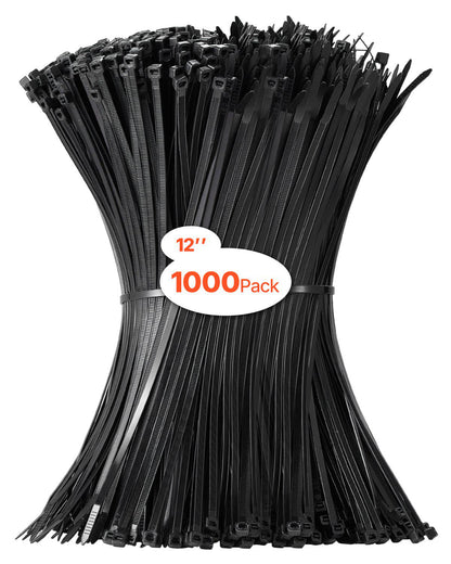 1000 Pack Cable Zip Ties, 12-inch Heavy Duty Cable Wire Ties with 50LBS High Tensile Strength, Multi-Purpose Self-Locking Nylon Tie Wraps, Heat & Cold Resistant for Indoor and Outdoor Use