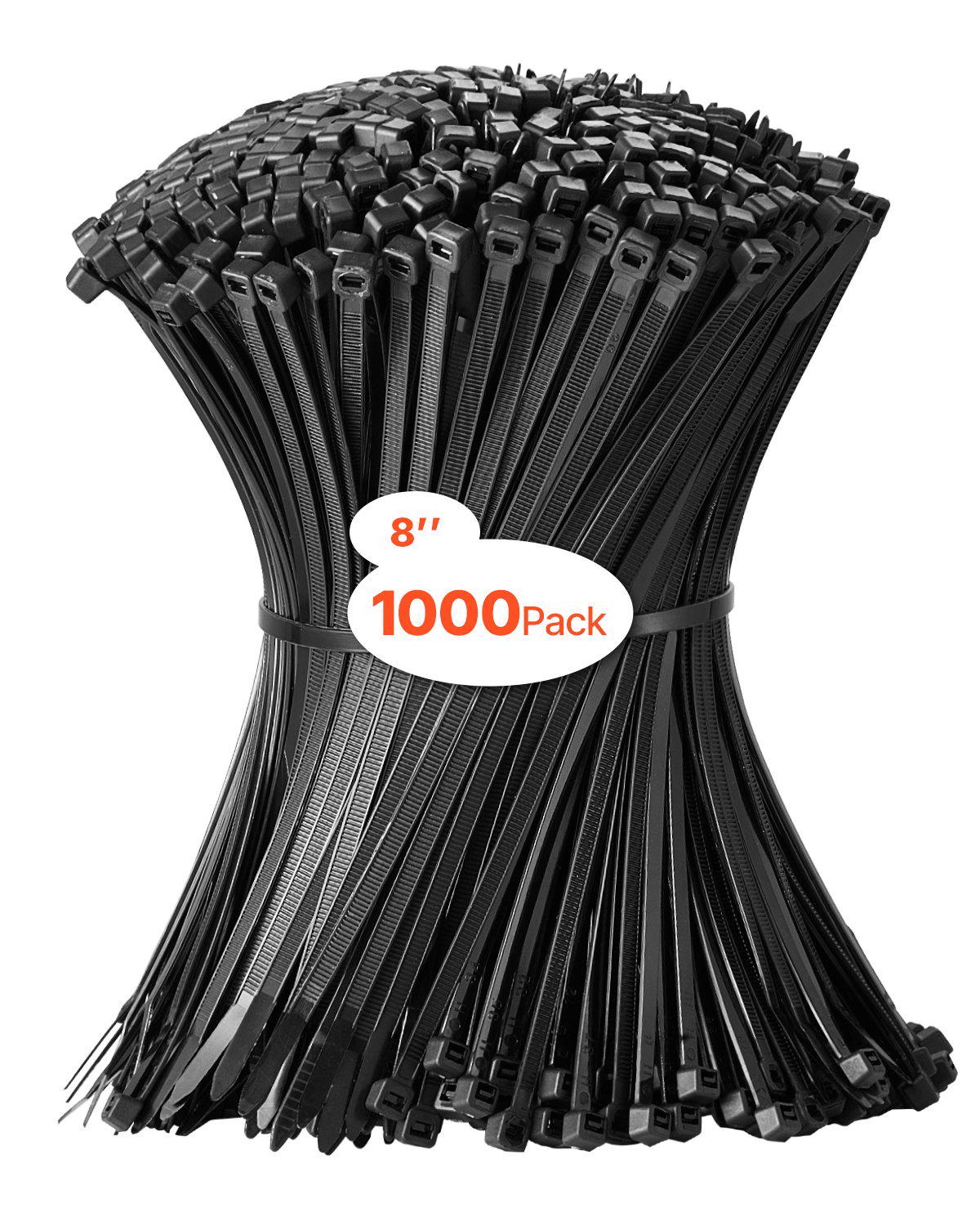 1000 Pack Cable Zip Ties, 8-inch Heavy Duty Cable Wire Ties with 45LBS High Tensile Strength, Multi-Purpose Self-Locking Nylon Tie Wraps, Heat & Cold Resistant for Indoor and Outdoor Use