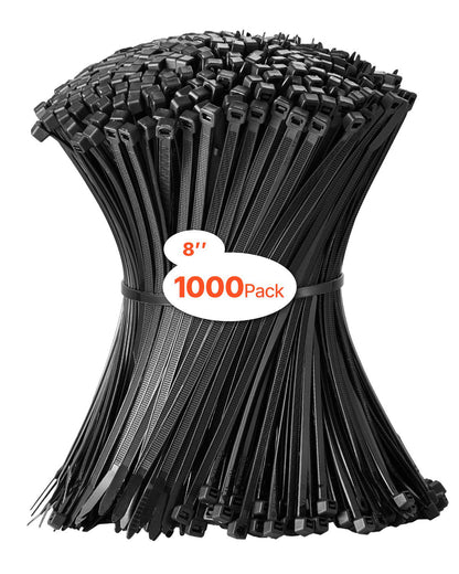 1000 Pack Cable Zip Ties, 8-inch Heavy Duty Cable Wire Ties with 45LBS High Tensile Strength, Multi-Purpose Self-Locking Nylon Tie Wraps, Heat & Cold Resistant for Indoor and Outdoor Use