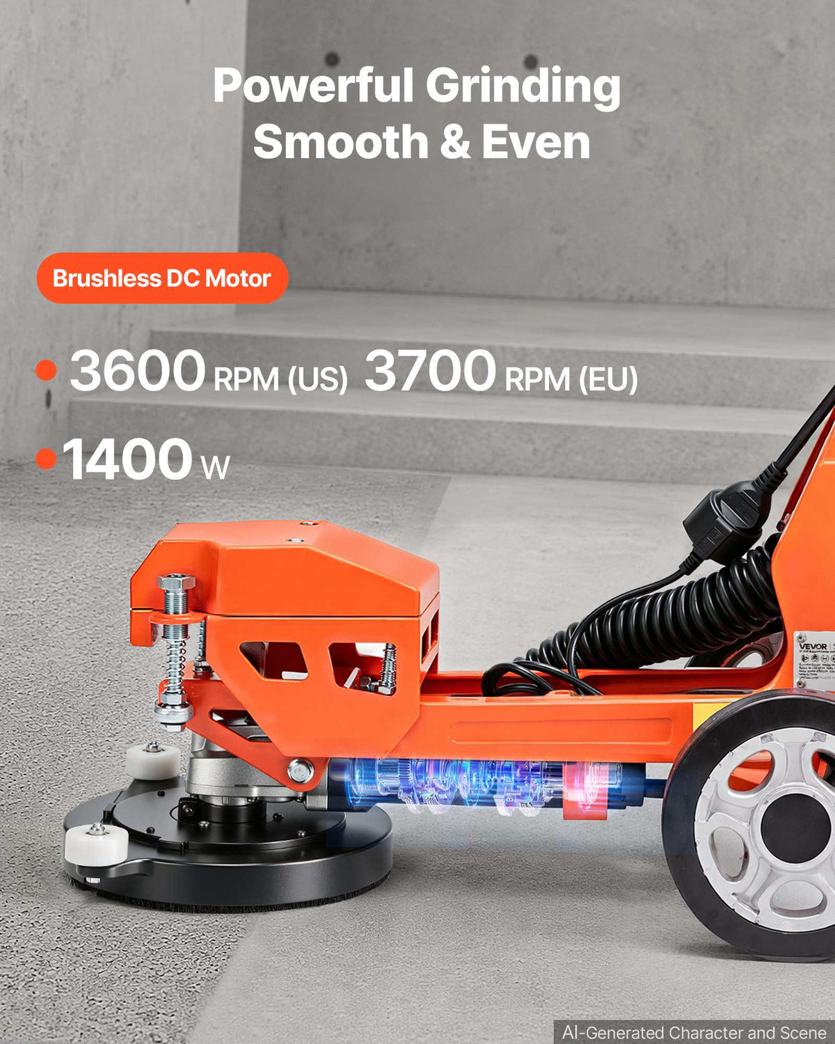 Electric Concrete Grinder, 1400W 3600 RPM, Walk Behind Floor Polisher, Marble, Stone, Epoxy Floor Polishing, 7 in Grinding Disc, Adjustable Handle, with Vacuum Port, Dual Debris Control, Orange