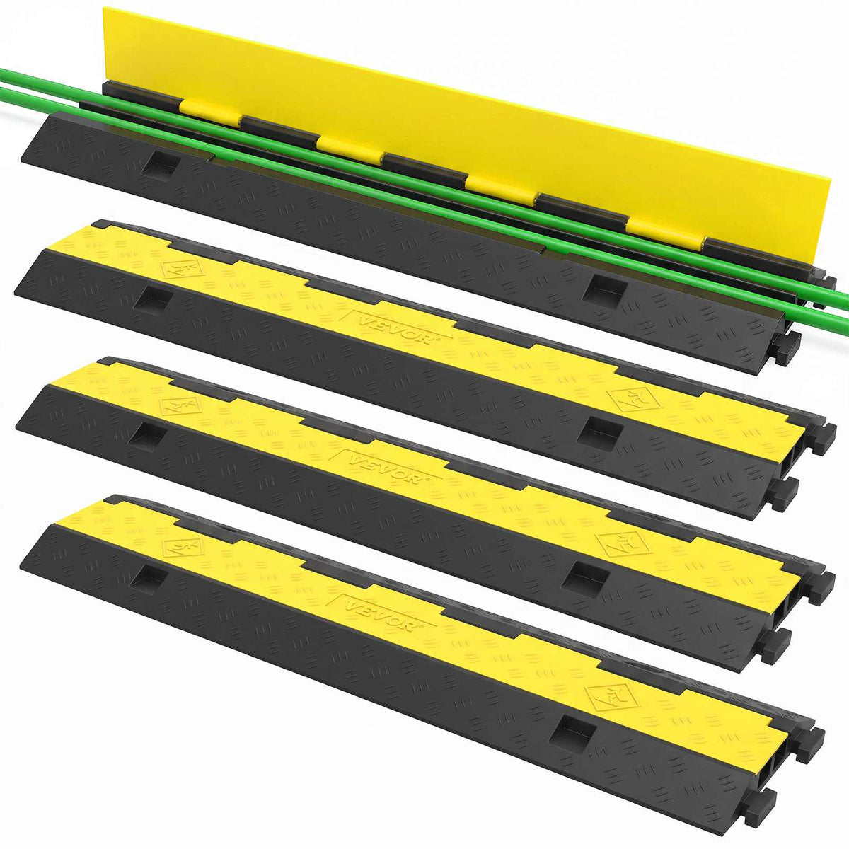 Cable Protector Ramp, 4 Packs 2 Channels Speed Bump Hump, Rubber Modular Speed Bump Rated 11000 LBS Load Capacity, Protective Wire Cord Ramp Driveway Rubber Traffic Speed Bumps Cable Protector