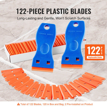 Plastic Razor Blade Scraper, 2PCS Scraper Tool, 120PCS Plastic Blades, Cleaning Scraper Remover for Stickers, Decals, Adhesive, Labels, Paint from Glass, Car, Window, Caulk, No Scratches, Blue