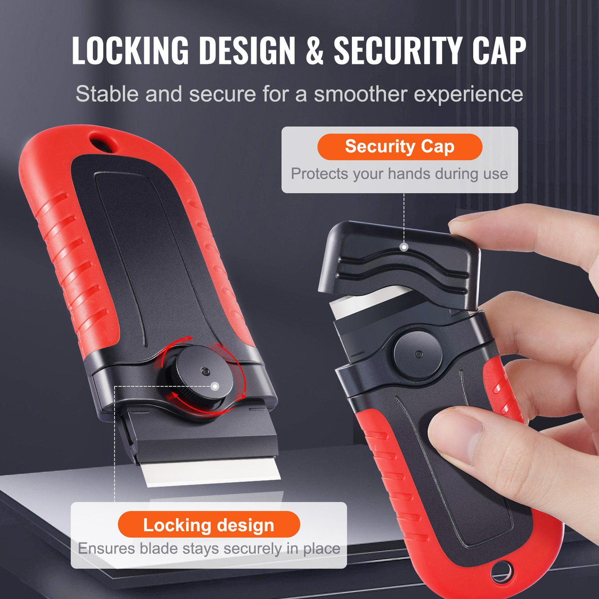 Razor Blade Scraper, 15 Extra Blades, Locking Scraper Tool with Security Cap, Carbon Steel and POM Blades, for Cleaning Labels, Stickers, Decals, Paint from Glass Window Stovetop Cooktop Oven