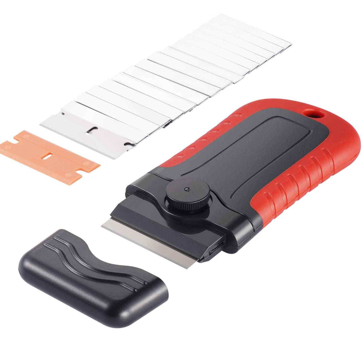 Razor Blade Scraper, 15 Extra Blades, Locking Scraper Tool with Security Cap, Carbon Steel and POM Blades, for Cleaning Labels, Stickers, Decals, Paint from Glass Window Stovetop Cooktop Oven