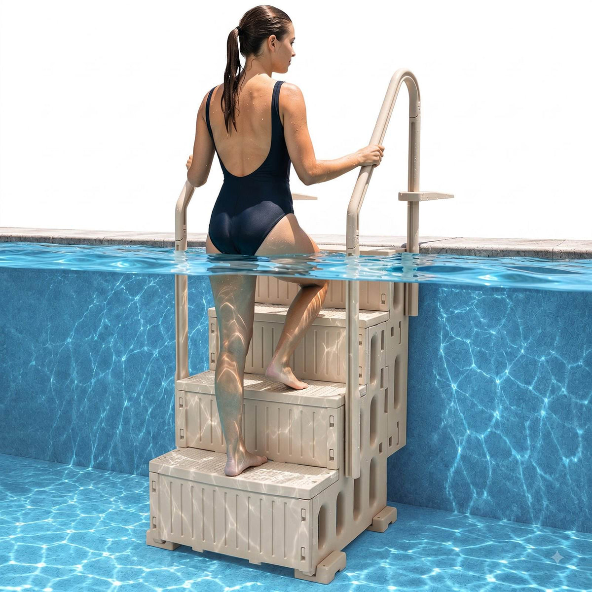 Swimming Pool Ladder, 4-Step Double Handrails Stairs with Non-slip Heavy Duty Steps, Max Load Capacity 400 lbs, for 48-54 In Inground & Above-ground Pools of Any Decking Surface, Taupe