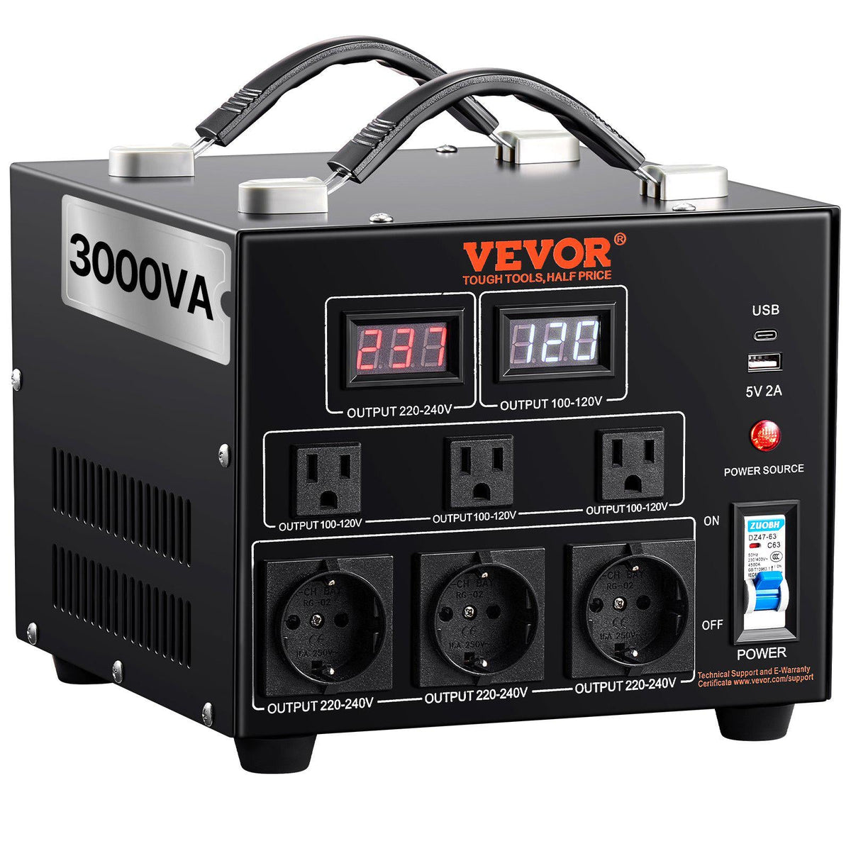 Power Converter, 3000W, Durable Step Up/Down Unit, Switches between 110V and 220V, Includes US and EU Outlets plus 5V USB, CE Approved