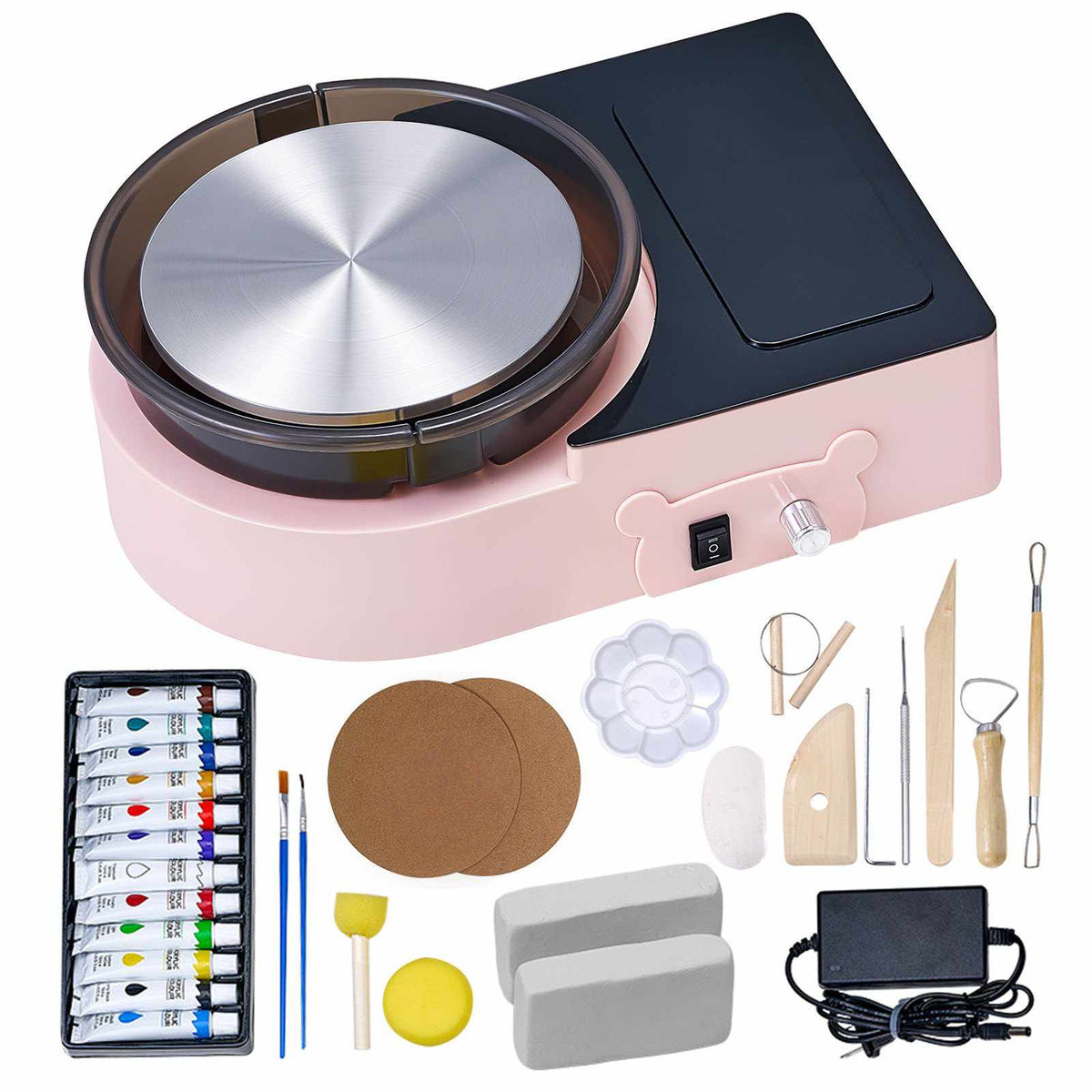 Mini Pottery Wheel, 6 inch Turntable, Forward and Reverse Rotation, Adjustable Speed, Electric Clay Wheel for Kids and Adults, with Clay Shaping Tools, for Home DIY, Pottery Classes, Pink