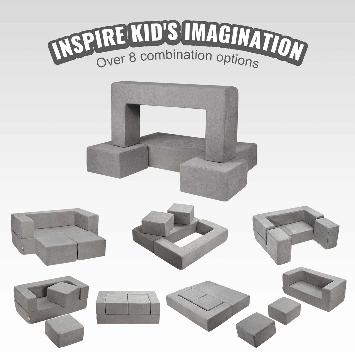 Kids Couch, 4Pcs Modular Kids Play Couch, Toddler Couch Sofa Bed, Kids Chair Seat Playroom Furniture, Child Sectional Sofa with Removable Cover for Kids Girls & Boys, Grey